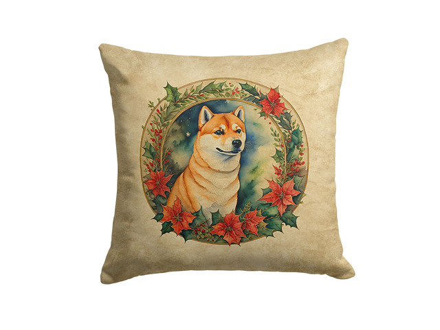 Shiba Inu Christmas Flowers Throw Pillow Machine Washable, Indoor Outdoor Decorative Pillow for Couch, Bed or Patio, 18Hx18W