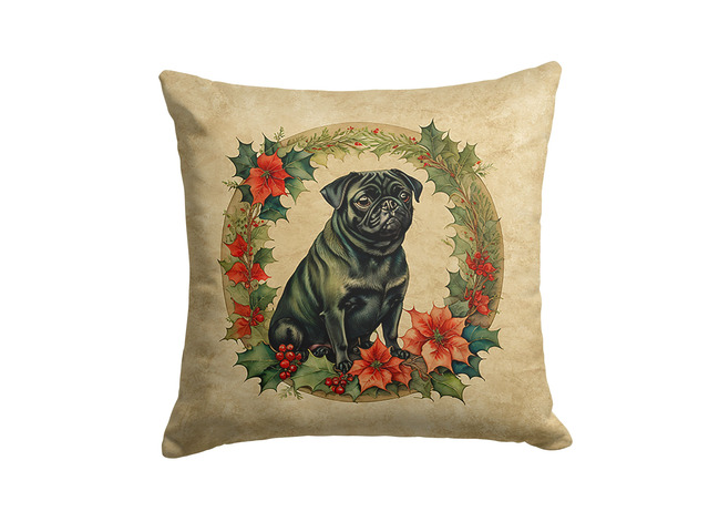 Pug Christmas Flowers Throw Pillow Machine Washable, Indoor Outdoor Decorative Pillow for Couch, Bed or Patio, 18Hx18W