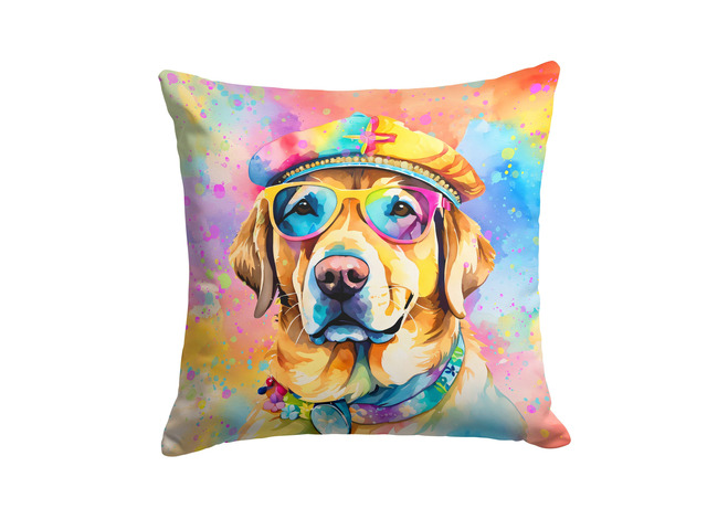Yellow Labrador Hippie Dawg Throw Pillow Machine Washable, Indoor Outdoor Decorative Pillow for Couch, Bed or Patio, 18Hx18W