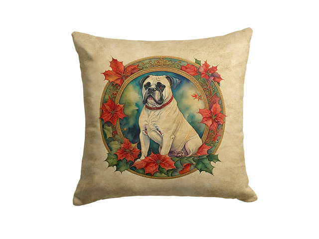 White Boxer Christmas Flowers Throw Pillow Machine Washable, Indoor Outdoor Decorative Pillow for Couch, Bed or Patio, 18Hx18W