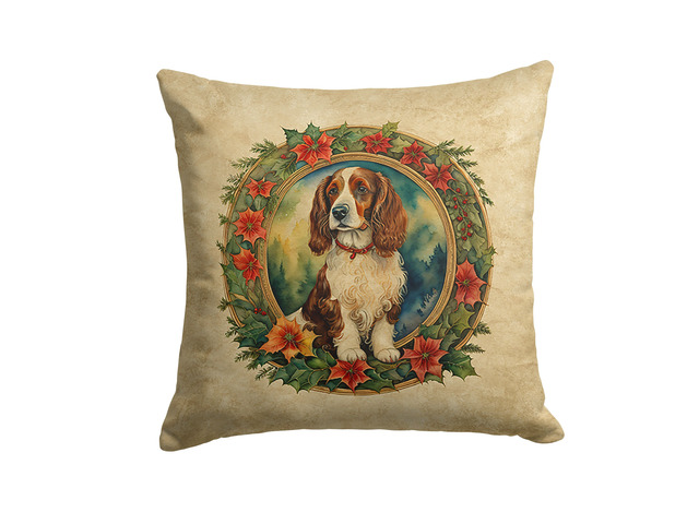 Welsh Springer Spaniel Christmas Flowers Throw Pillow Machine Washable, Indoor Outdoor Decorative Pillow for Couch, Bed or Patio, 18Hx18W