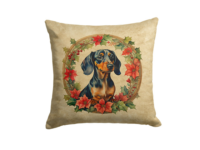 Dachshund Christmas Flowers Throw Pillow Machine Washable, Indoor Outdoor Decorative Pillow for Couch, Bed or Patio, 18Hx18W