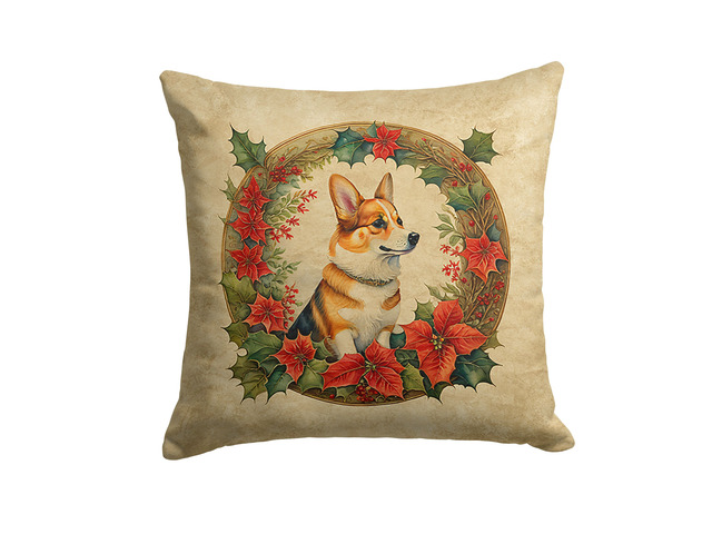Corgi Christmas Flowers Throw Pillow Machine Washable, Indoor Outdoor Decorative Pillow for Couch, Bed or Patio, 18Hx18W