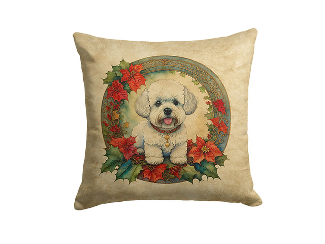 Bichon Frise Christmas Flowers Throw Pillow Machine Washable, Indoor Outdoor Decorative Pillow for Couch, Bed or Patio, 18Hx18W