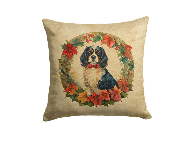 Cavalier Spaniel Christmas Flowers Throw Pillow Machine Washable, Indoor Outdoor Decorative Pillow for Couch, Bed or Patio, 18Hx18W