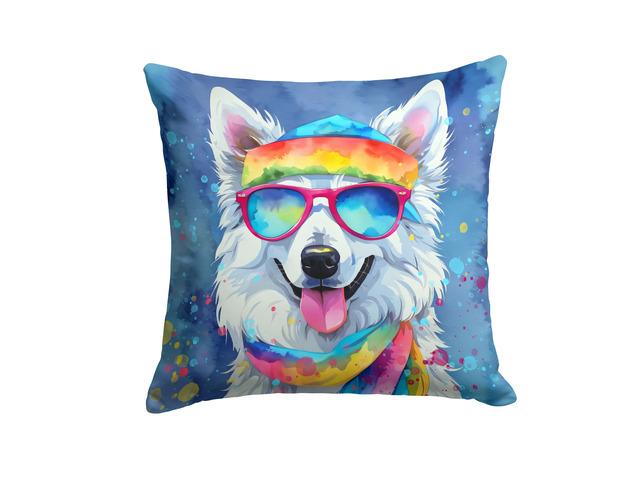 American Eskimo Hippie Dawg Throw Pillow Machine Washable, Indoor Outdoor Decorative Pillow for Couch, Bed or Patio, 18Hx18W