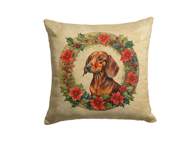 Dachshund Christmas Flowers Throw Pillow Machine Washable, Indoor Outdoor Decorative Pillow for Couch, Bed or Patio, 18Hx18W