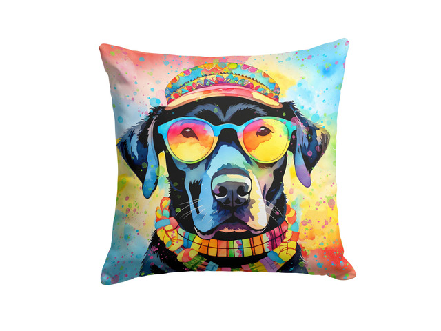Black Labrador Hippie Dawg Throw Pillow Machine Washable, Indoor Outdoor Decorative Pillow for Couch, Bed or Patio, 18Hx18W