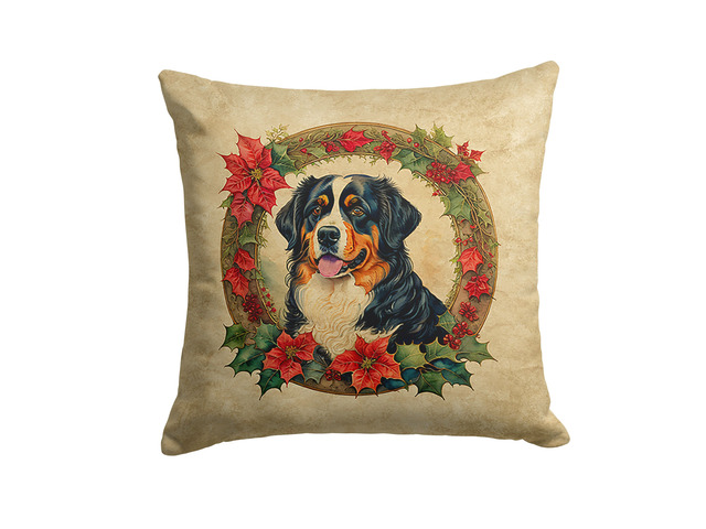 Bernese Mountain Dog Christmas Flowers Throw Pillow Machine Washable, Indoor Outdoor Decorative Pillow for Couch, Bed or Patio, 18Hx18W