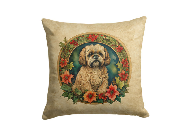 Lhasa Apso Christmas Flowers Throw Pillow Machine Washable, Indoor Outdoor Decorative Pillow for Couch, Bed or Patio, 18Hx18W