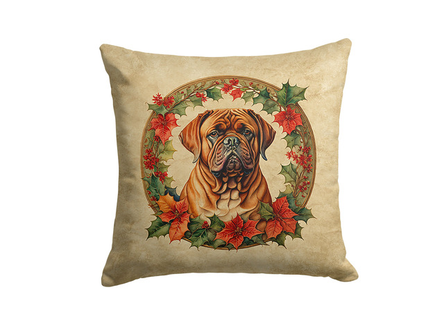 Dogue de Bordeaux Christmas Flowers Throw Pillow Machine Washable, Indoor Outdoor Decorative Pillow for Couch, Bed or Patio, 18Hx18W