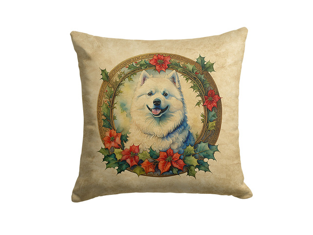 Samoyed Christmas Flowers Throw Pillow Machine Washable, Indoor Outdoor Decorative Pillow for Couch, Bed or Patio, 18Hx18W