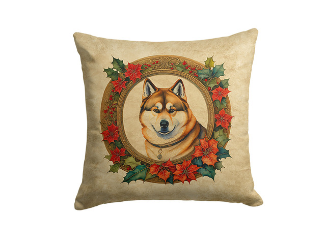 Akita Christmas Flowers Throw Pillow Machine Washable, Indoor Outdoor Decorative Pillow for Couch, Bed or Patio, 18Hx18W