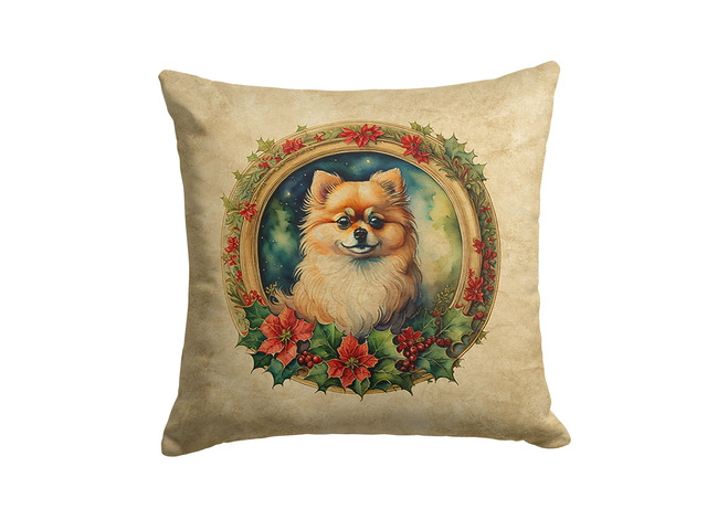 Pomeranian Christmas Flowers Throw Pillow Machine Washable, Indoor Outdoor Decorative Pillow for Couch, Bed or Patio, 18Hx18W