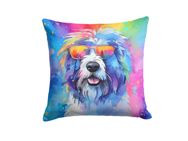 Old English Sheepdog Hippie Dawg Throw Pillow Machine Washable, Indoor Outdoor Decorative Pillow for Couch, Bed or Patio, 18Hx18W
