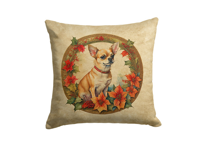 Chihuahua Christmas Flowers Throw Pillow Machine Washable, Indoor Outdoor Decorative Pillow for Couch, Bed or Patio, 18Hx18W
