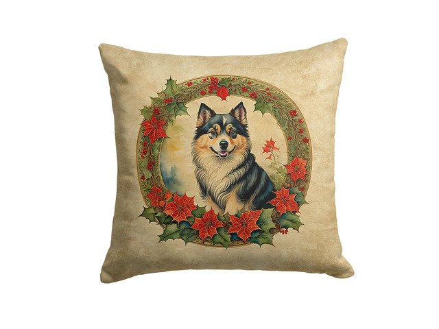 Finnish Lapphund Christmas Flowers Throw Pillow Machine Washable, Indoor Outdoor Decorative Pillow for Couch, Bed or Patio, 18Hx18W