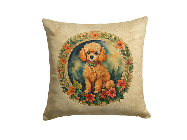 Poodle Christmas Flowers Throw Pillow Machine Washable, Indoor Outdoor Decorative Pillow for Couch, Bed or Patio, 18Hx18W