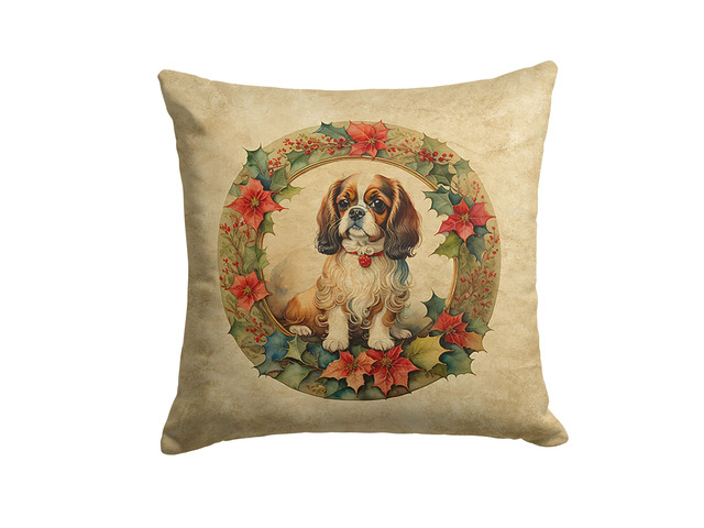 English Toy Spaniel Christmas Flowers Throw Pillow Machine Washable, Indoor Outdoor Decorative Pillow for Couch, Bed or Patio, 18Hx18W