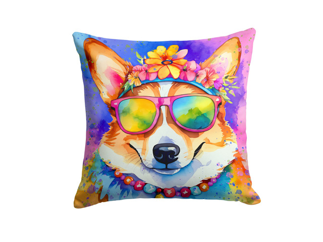 Corgi Hippie Dawg Throw Pillow Machine Washable, Indoor Outdoor Decorative Pillow for Couch, Bed or Patio, 18Hx18W