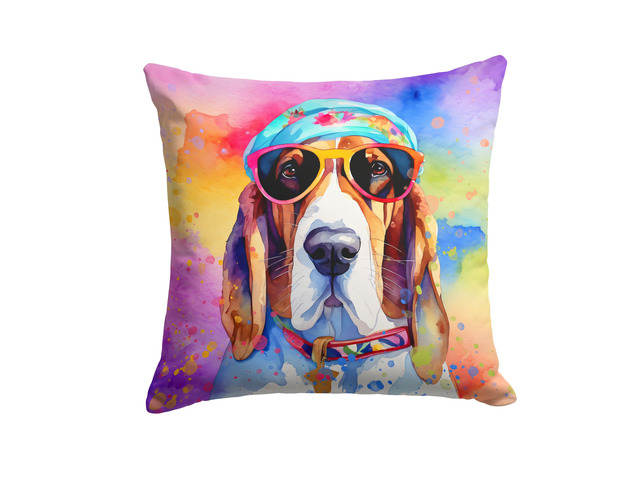 Basset Hound Hippie Dawg Throw Pillow Machine Washable, Indoor Outdoor Decorative Pillow for Couch, Bed or Patio, 18Hx18W