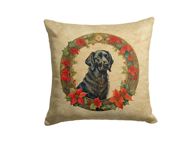 Flat-Coated Retriever Christmas Flowers Throw Pillow Machine Washable, Indoor Outdoor Decorative Pillow for Couch, Bed or Patio, 18Hx18W