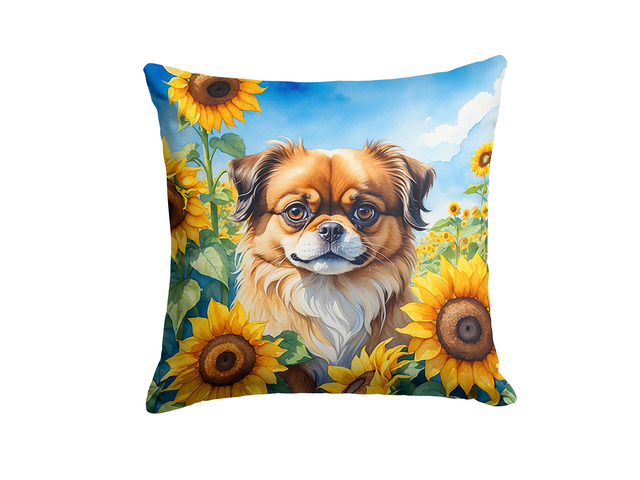 Tibetan Spaniel in Sunflowers Throw Pillow Machine Washable, Indoor Outdoor Decorative Pillow for Couch, Bed or Patio, 18Hx18W
