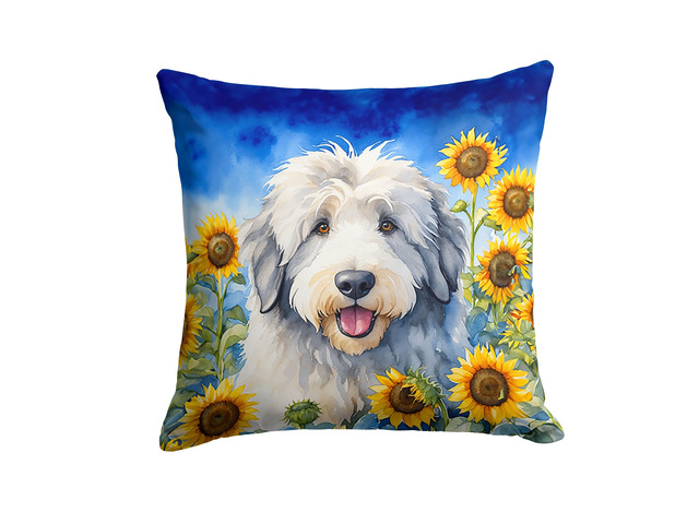 Old English Sheepdog in Sunflowers Throw Pillow Machine Washable, Indoor Outdoor Decorative Pillow for Couch, Bed or Patio, 18Hx18W