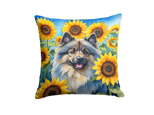 Keeshond in Sunflowers Throw Pillow Machine Washable, Indoor Outdoor Decorative Pillow for Couch, Bed or Patio, 18Hx18W