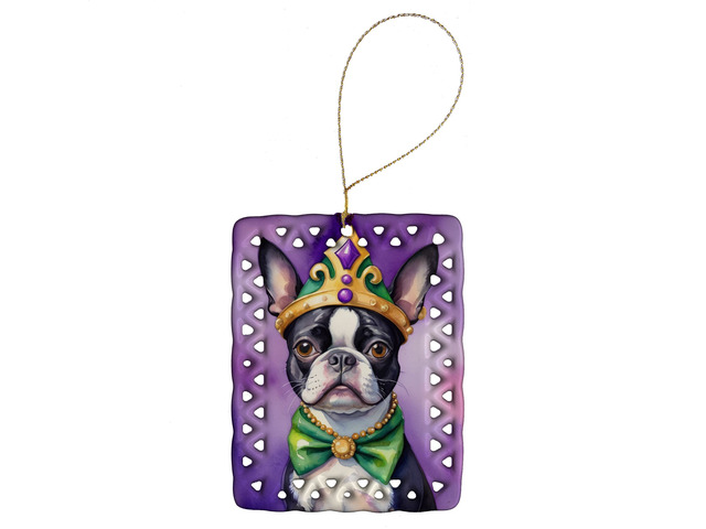 Boston Terrier King of Mardi Gras Porcelain Ornament Christmas Tree Hanging Decorations for Home Christmas Holiday, Rectangle, Gift, Multicolor