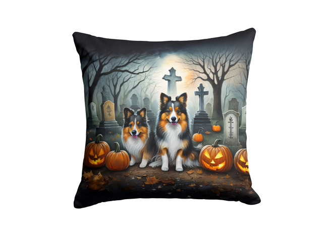Sheltie Spooky Halloween Throw Pillow Machine Washable, Indoor Outdoor Decorative Pillow for Couch, Bed or Patio, 18Hx18W