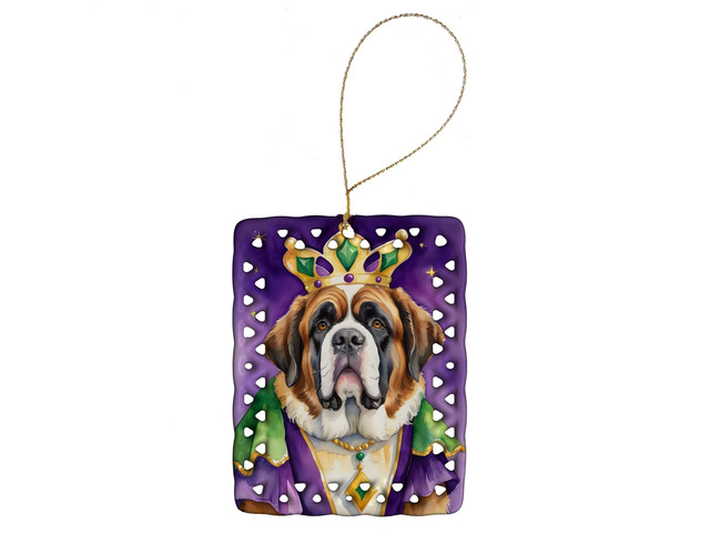 Saint Bernard King of Mardi Gras Porcelain Ornament Christmas Tree Hanging Decorations for Home Christmas Holiday, Rectangle, Gift, Multicolor