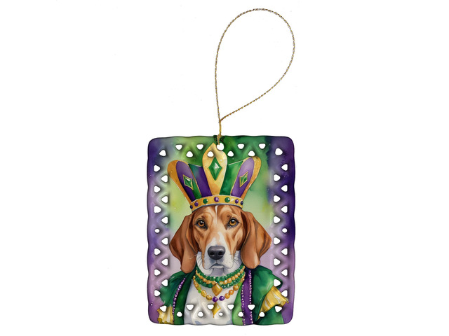 English Foxhound King of Mardi Gras Porcelain Ornament Christmas Tree Hanging Decorations for Home Christmas Holiday, Rectangle, Gift, Multicolor