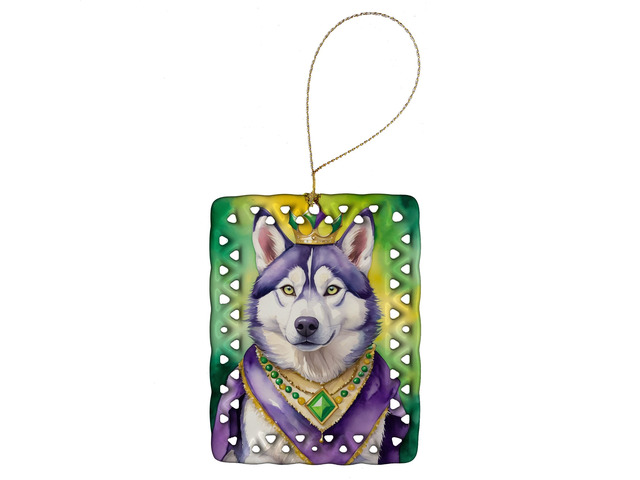 Siberian Husky King of Mardi Gras Porcelain Ornament Christmas Tree Hanging Decorations for Home Christmas Holiday, Rectangle, Gift, Multicolor