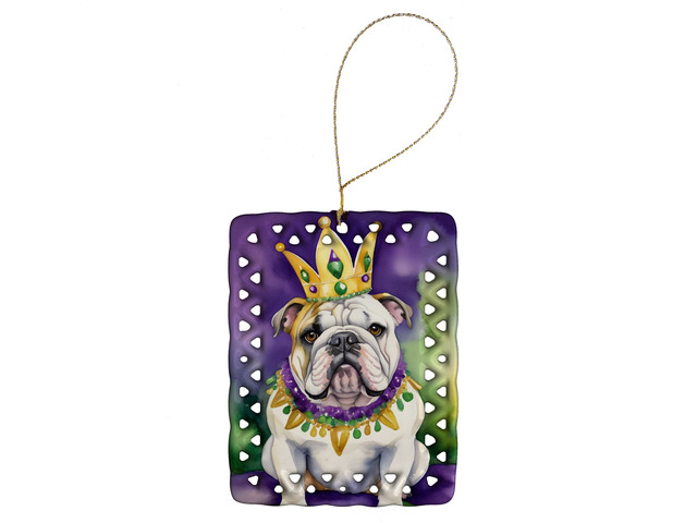 English Bulldog King of Mardi Gras Porcelain Ornament Christmas Tree Hanging Decorations for Home Christmas Holiday, Rectangle, Gift, Multicolor