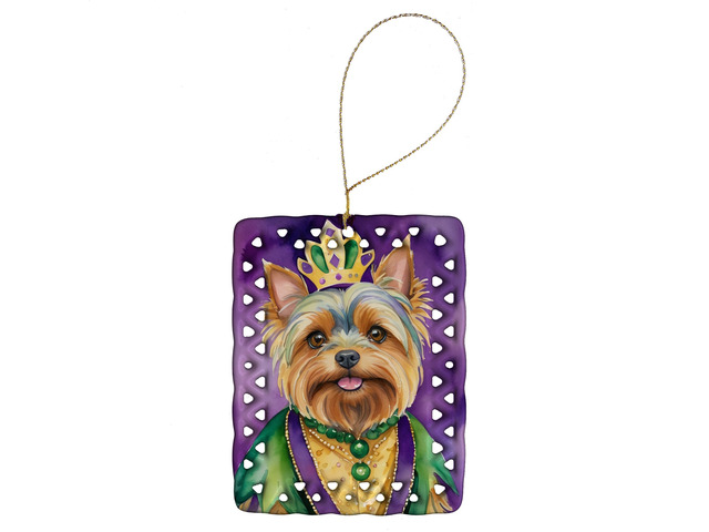 Yorkshire Terrier King of Mardi Gras Porcelain Ornament Christmas Tree Hanging Decorations for Home Christmas Holiday, Rectangle, Gift, Multicolor