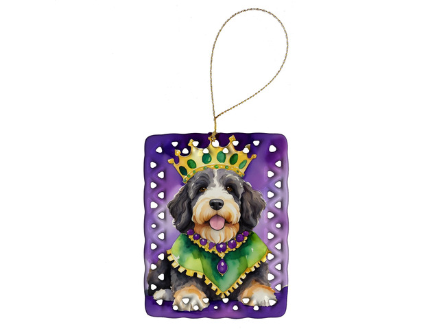 Bernedoodle King of Mardi Gras Porcelain Ornament Christmas Tree Hanging Decorations for Home Christmas Holiday, Rectangle, Gift, Multicolor