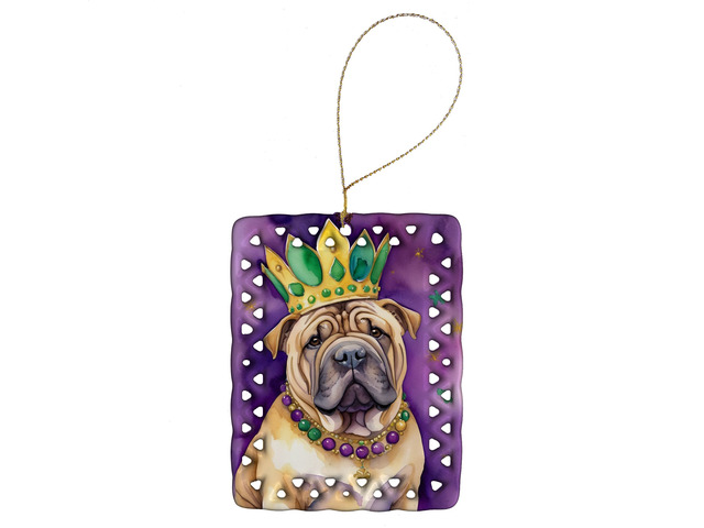 Shar Pei King of Mardi Gras Porcelain Ornament Christmas Tree Hanging Decorations for Home Christmas Holiday, Rectangle, Gift, Multicolor