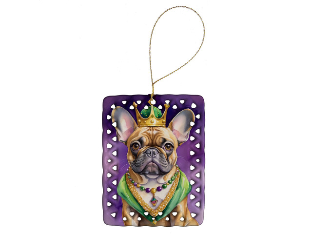 French Bulldog King of Mardi Gras Porcelain Ornament Christmas Tree Hanging Decorations for Home Christmas Holiday, Rectangle, Gift, Multicolor