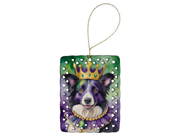 Border Collie King of Mardi Gras Porcelain Ornament Christmas Tree Hanging Decorations for Home Christmas Holiday, Rectangle, Gift, Multicolor