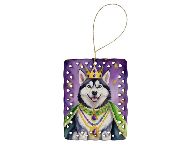 Siberian Husky King of Mardi Gras Porcelain Ornament Christmas Tree Hanging Decorations for Home Christmas Holiday, Rectangle, Gift, Multicolor