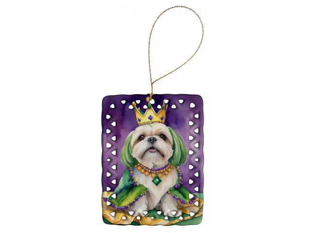 Lhasa Apso King of Mardi Gras Porcelain Ornament Christmas Tree Hanging Decorations for Home Christmas Holiday, Rectangle, Gift, Multicolor