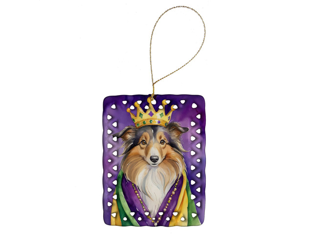 Sheltie King of Mardi Gras Porcelain Ornament Christmas Tree Hanging Decorations for Home Christmas Holiday, Rectangle, Gift, Multicolor
