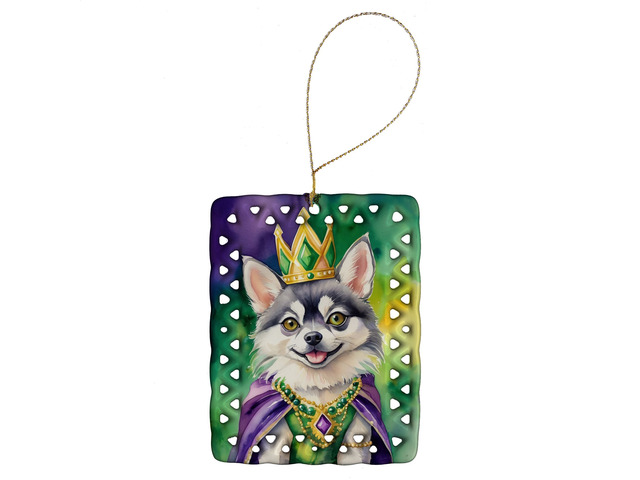 Alaskan Klee Kai King of Mardi Gras Porcelain Ornament Christmas Tree Hanging Decorations for Home Christmas Holiday, Rectangle, Gift, Multicolor