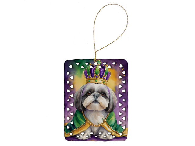 Shih Tzu King of Mardi Gras Porcelain Ornament Christmas Tree Hanging Decorations for Home Christmas Holiday, Rectangle, Gift, Multicolor