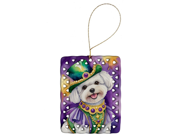 Bichon Frise King of Mardi Gras Porcelain Ornament Christmas Tree Hanging Decorations for Home Christmas Holiday, Rectangle, Gift, Multicolor