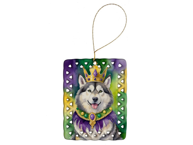 Alaskan Malamute King of Mardi Gras Porcelain Ornament Christmas Tree Hanging Decorations for Home Christmas Holiday, Rectangle, Gift, Multicolor