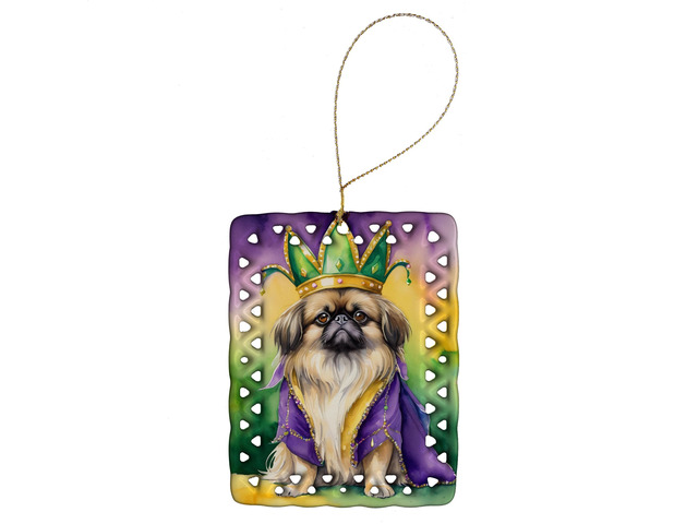 Pekingese King of Mardi Gras Porcelain Ornament Christmas Tree Hanging Decorations for Home Christmas Holiday, Rectangle, Gift, Multicolor