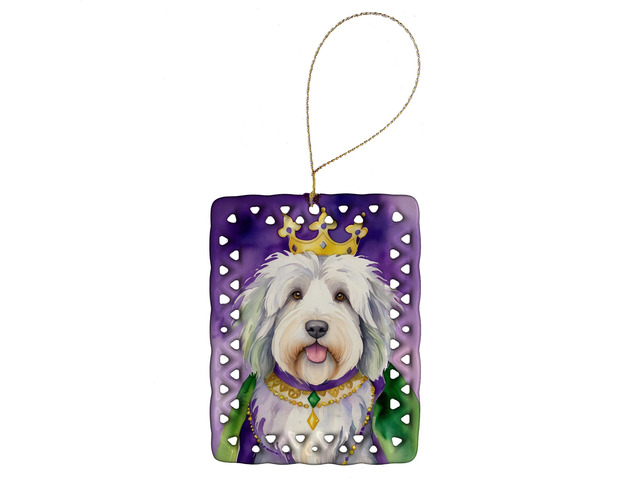 Old English Sheepdog King of Mardi Gras Porcelain Ornament Christmas Tree Hanging Decorations for Home Christmas Holiday, Rectangle, Gift, Multicolor