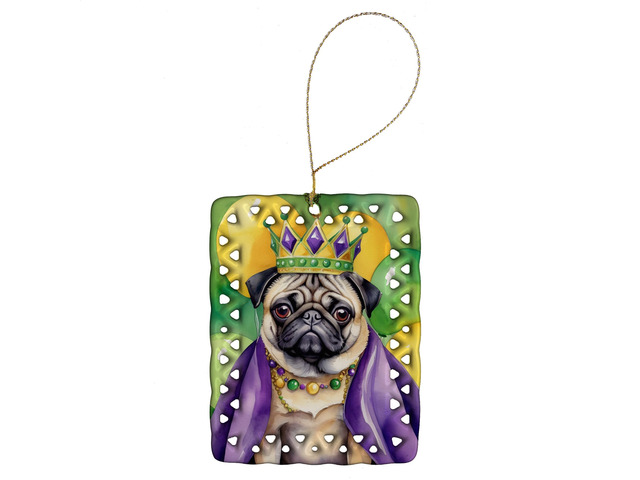 Pug King of Mardi Gras Porcelain Ornament Christmas Tree Hanging Decorations for Home Christmas Holiday, Rectangle, Gift, Multicolor
